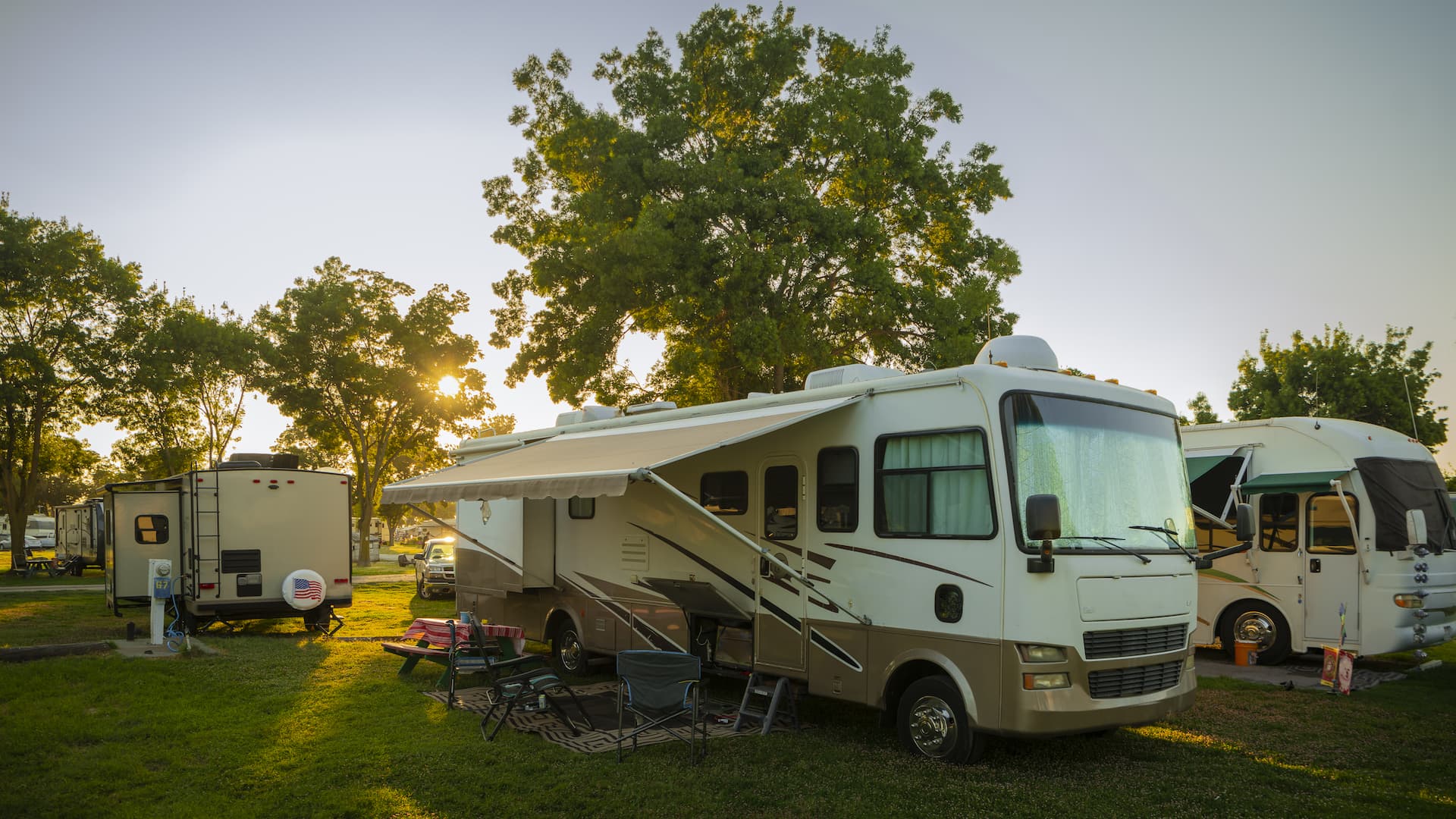 Parked RV with window tint and protectors